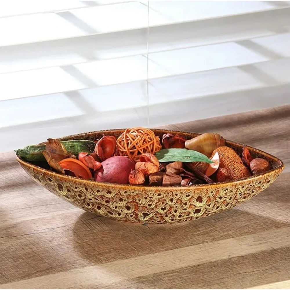 14” Ceramic Boat Bowl Oval Decorative Peacock‎ Feather Brown Red Maroon Tan